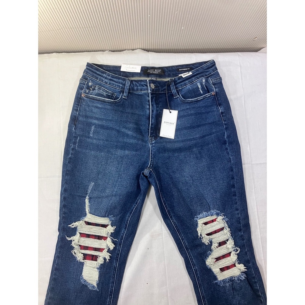 Judy Blue Womens Jeans 1532 Dark Blue Boyfriend‎ Fit Distressed Red Plaid Lined